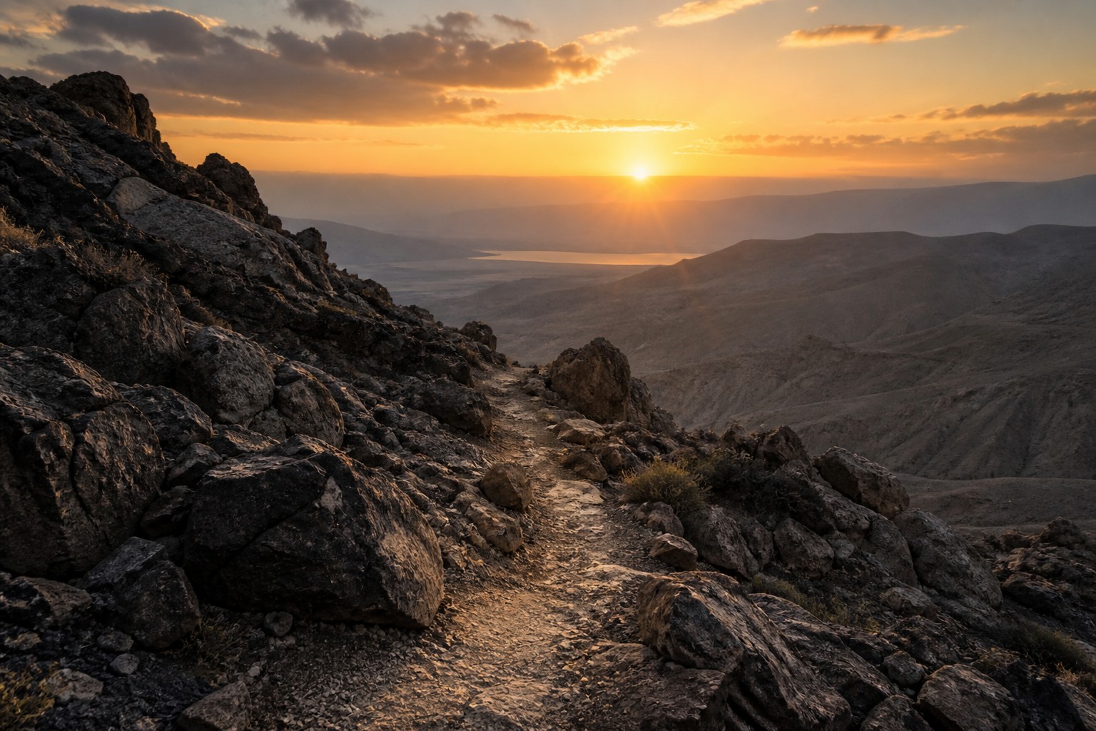 A narrow path through rugged mountains toward the light of dawn
